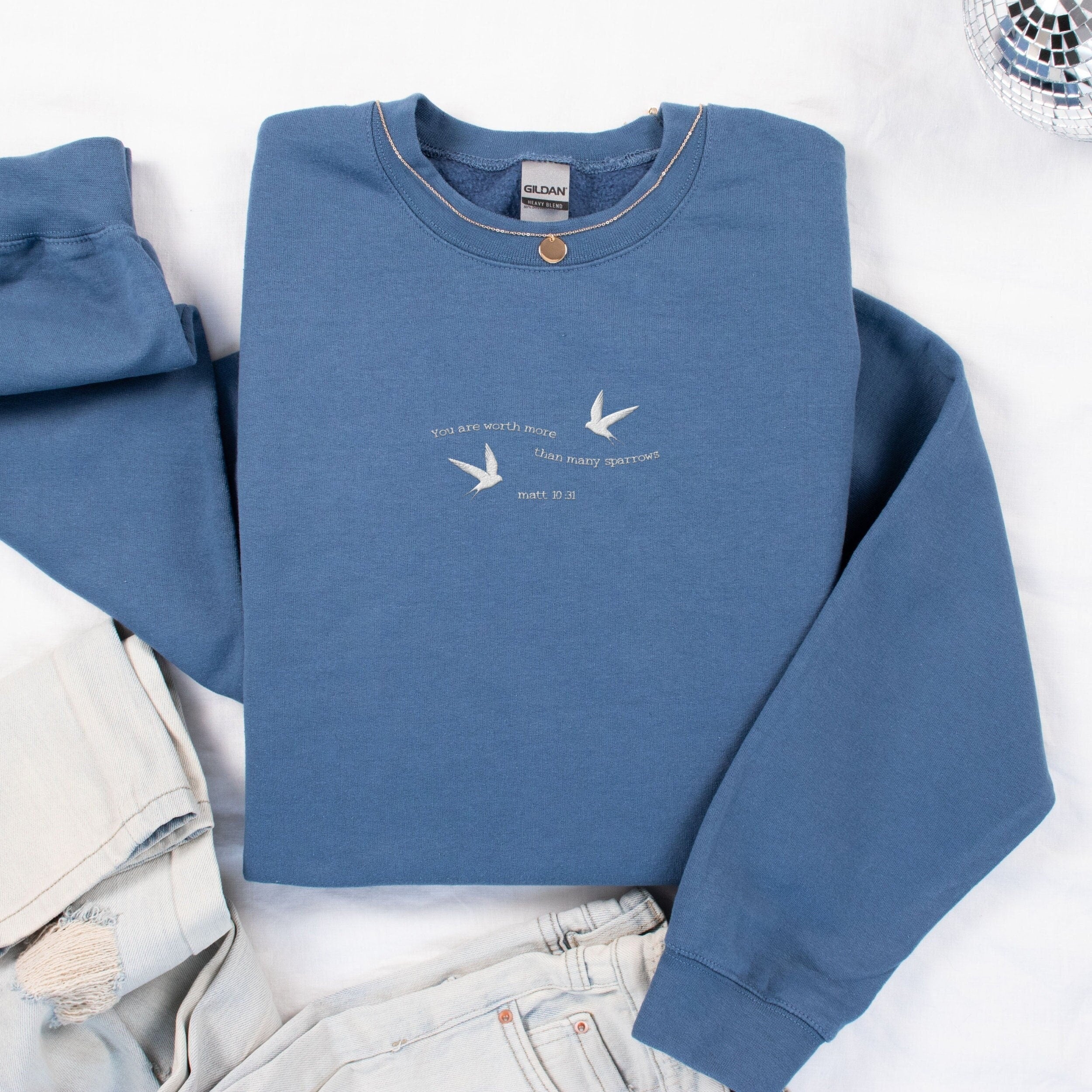Embroidered Christian Sweatshirt, Embroidered Bible Verse Shirt, 'You Are Worth More Than Sparrows' Shirt, Christian Embroidered Crewneck